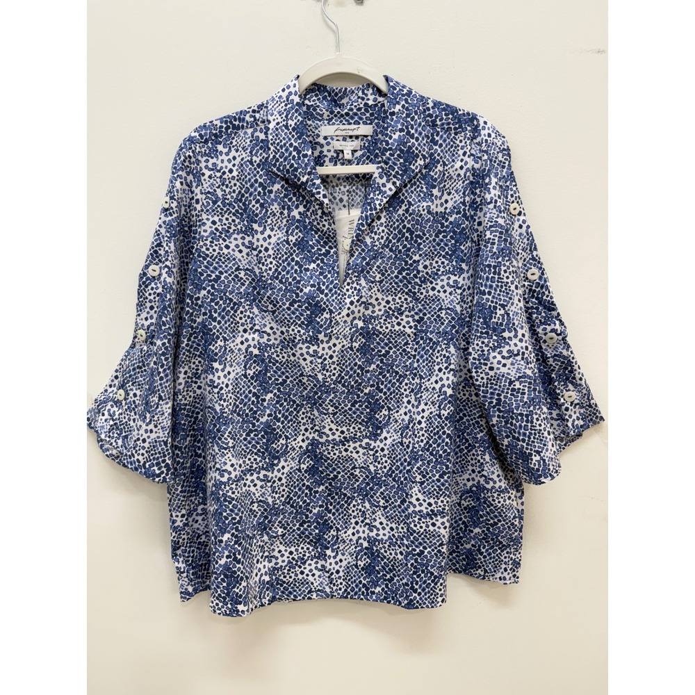 Foxcroft NYC Klara Python Print Top 14 Soft Indigo Wrinkle Free Cotton Blouse